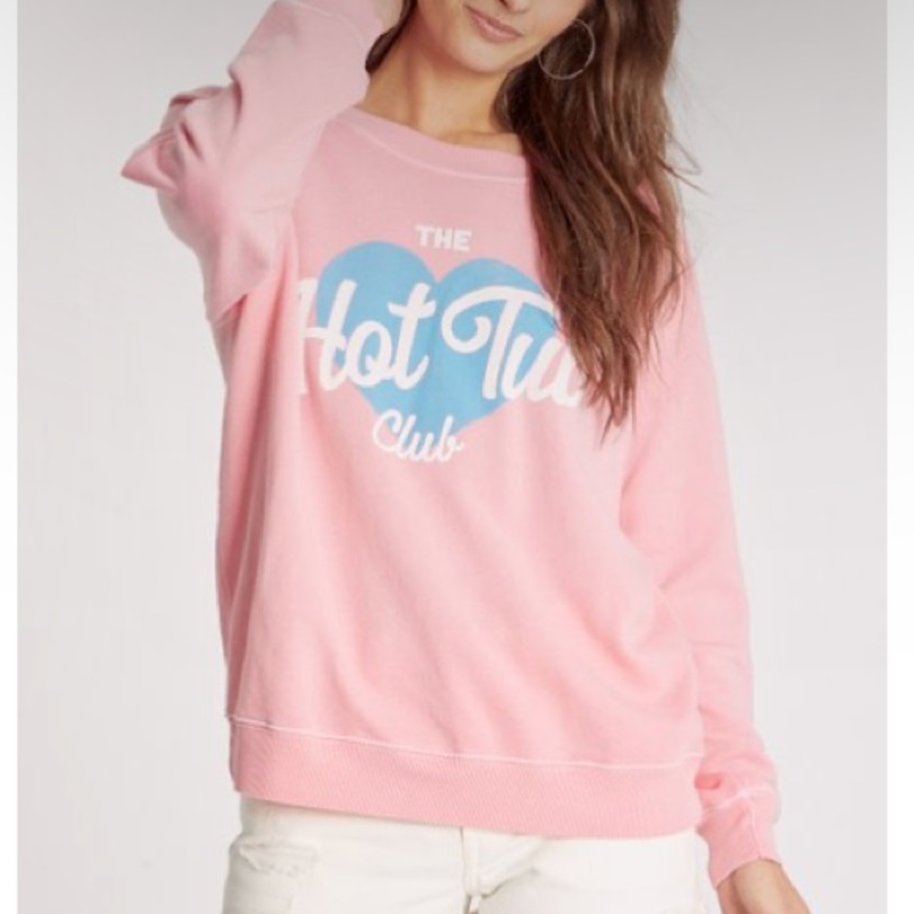 Wildfox Pink Pullover with Blue Heart Graphic and White Script